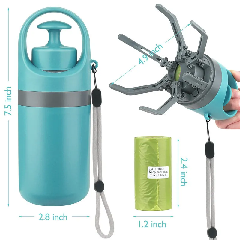 Blue portable dog pooper scooper with built-in bag dispenser and eight-claw shovel.