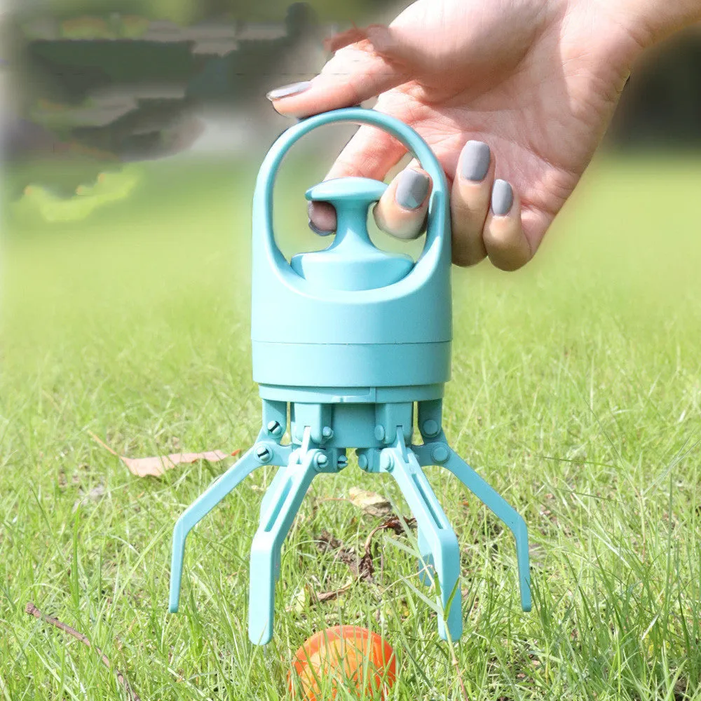 Blue portable dog pooper scooper with built-in bag dispenser and eight-claw shovel.