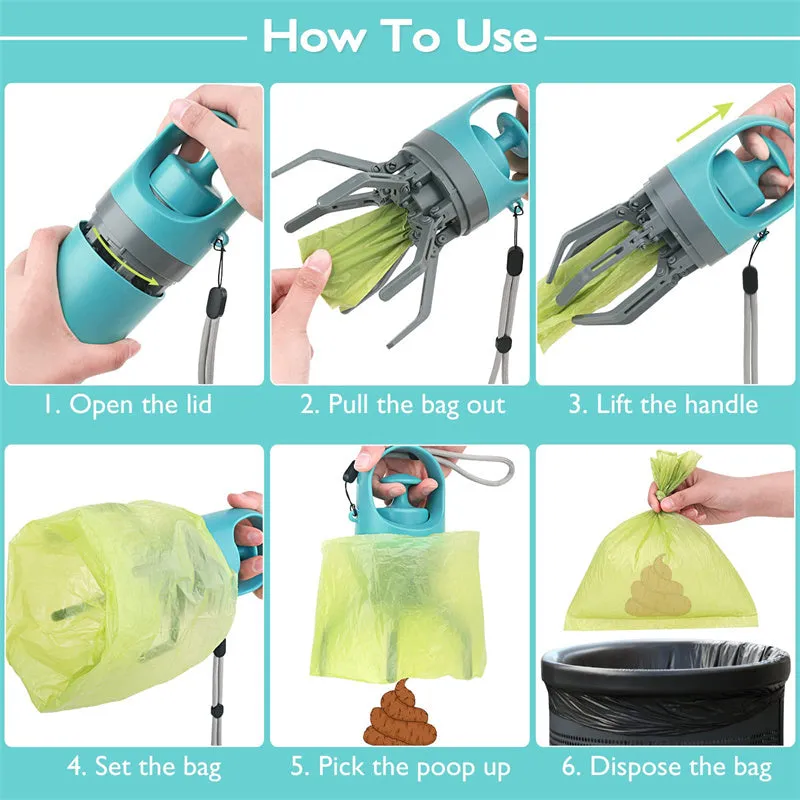 Blue portable dog pooper scooper with built-in bag dispenser and eight-claw shovel.