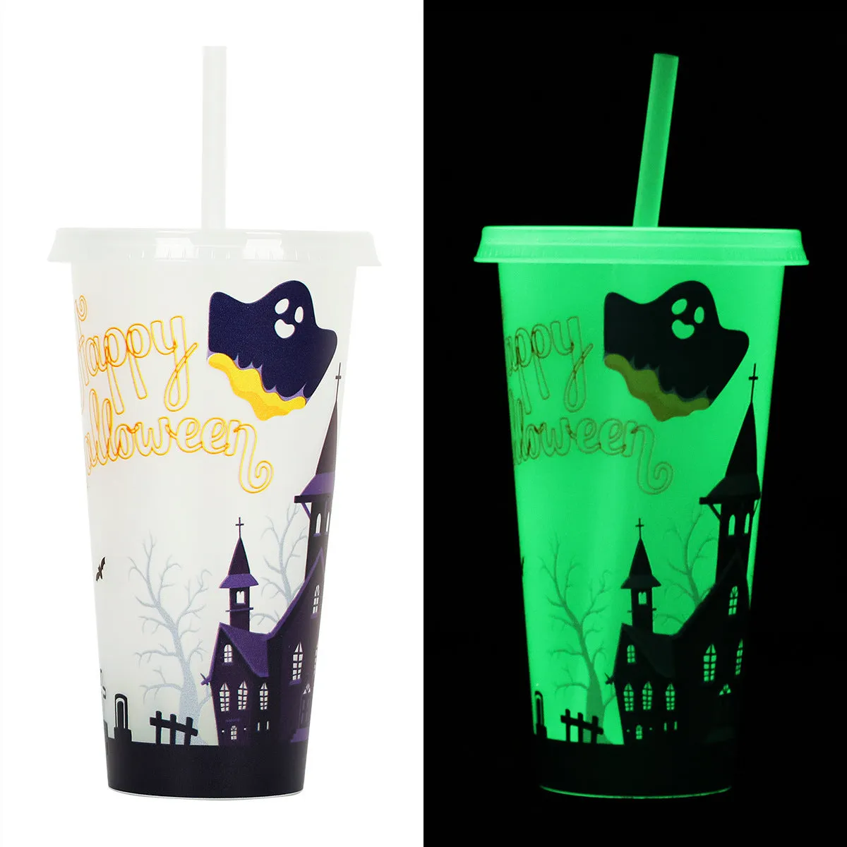 720ml plastic Halloween luminous straw cup with colourful design