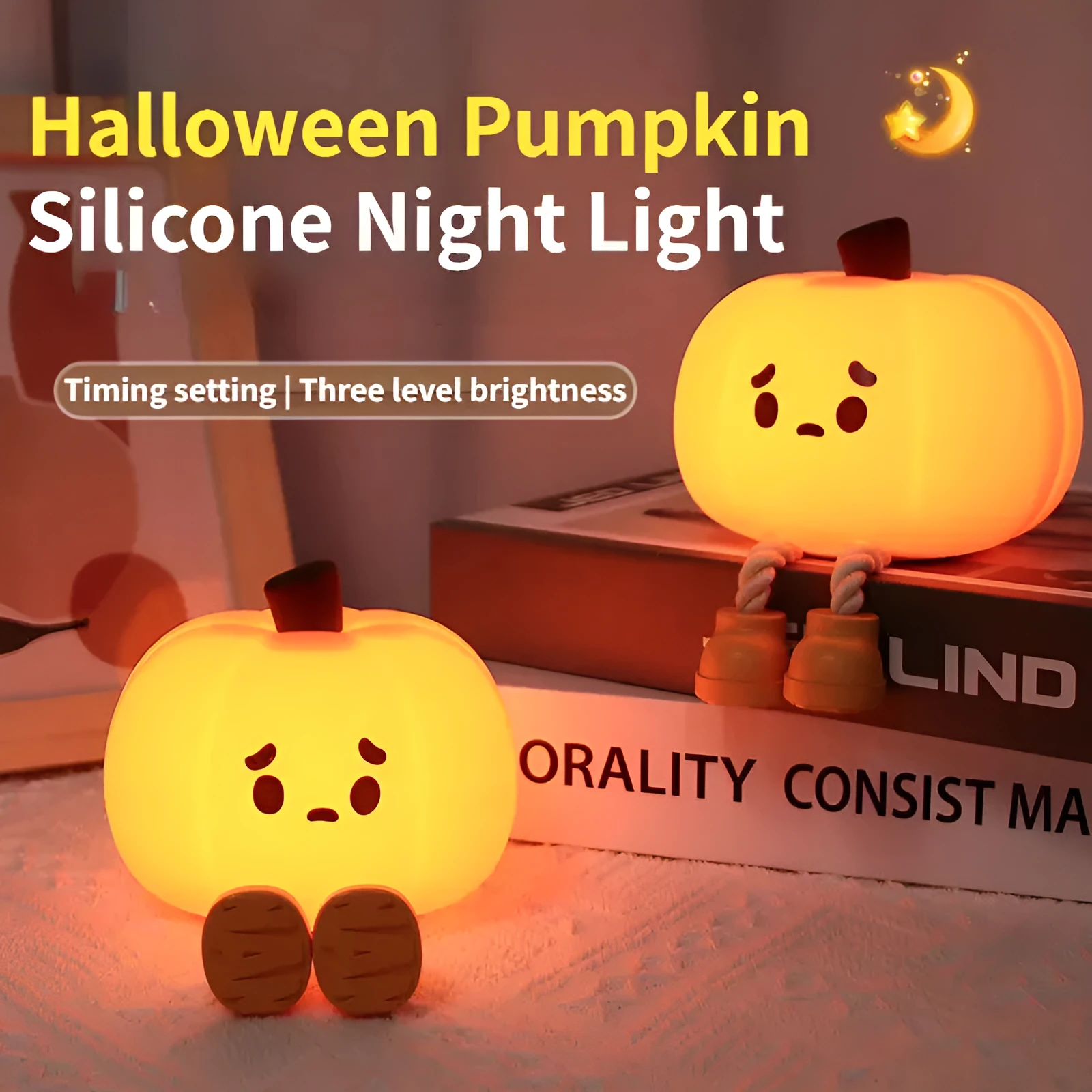 Orange pumpkin silicone night light with soft glowing illumination and touch controls