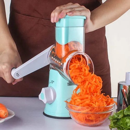 Blue manual kitchen mandoline slicer with stainless steel blade for cutting potatoes and vegetables.
