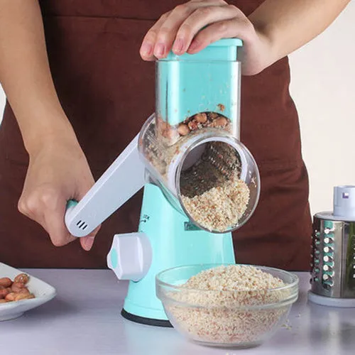 Blue manual kitchen mandoline slicer with stainless steel blade for cutting potatoes and vegetables.