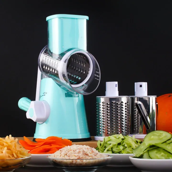 Blue manual kitchen mandoline slicer with stainless steel blade for cutting potatoes and vegetables.