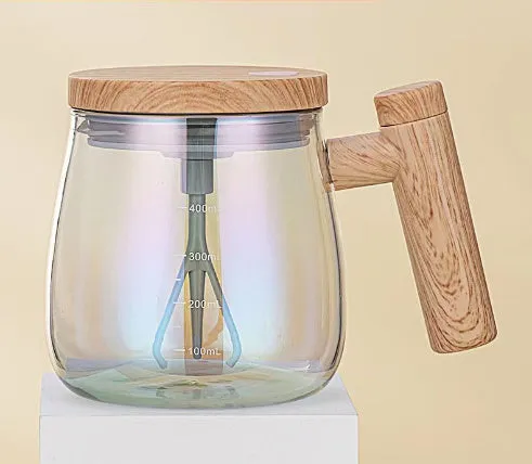 Clear borosilicate glass self-stirring coffee mug with automatic mixing function and 400ml capacity