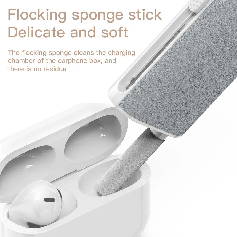 5-in-1 digital device cleaning kit with brush, metal tip, and black flocking sponge head