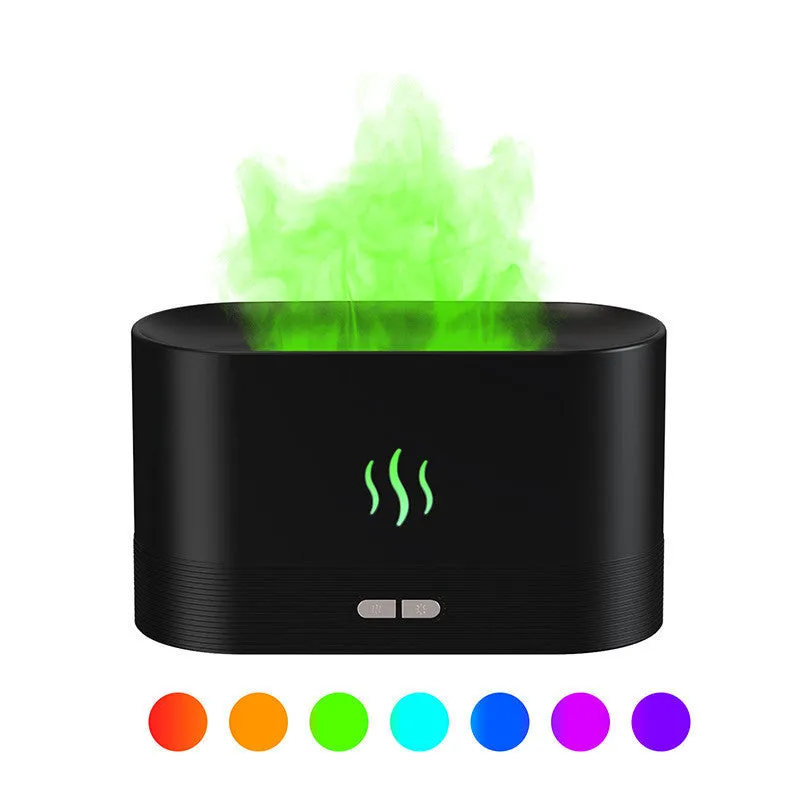 Square black ultrasonic aroma diffuser with LED flame effect and mist output