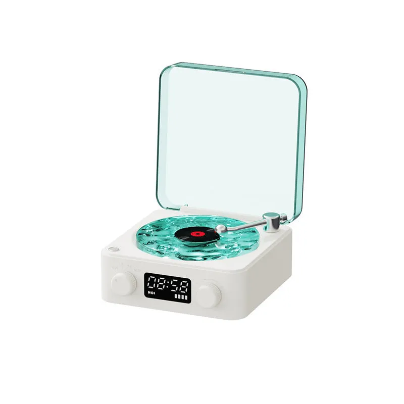 Retro turntable Bluetooth speaker with rotating vinyl and RGB projection lighting effects