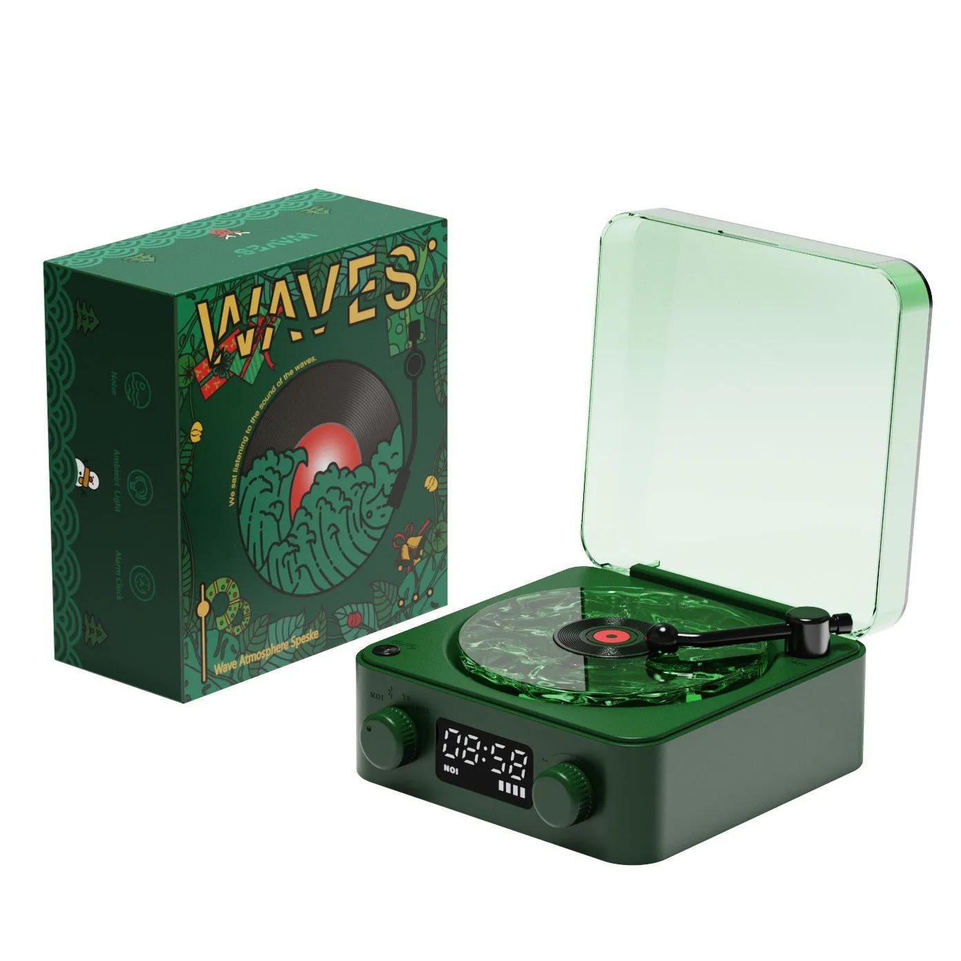 Retro turntable Bluetooth speaker with rotating vinyl and RGB projection lighting effects