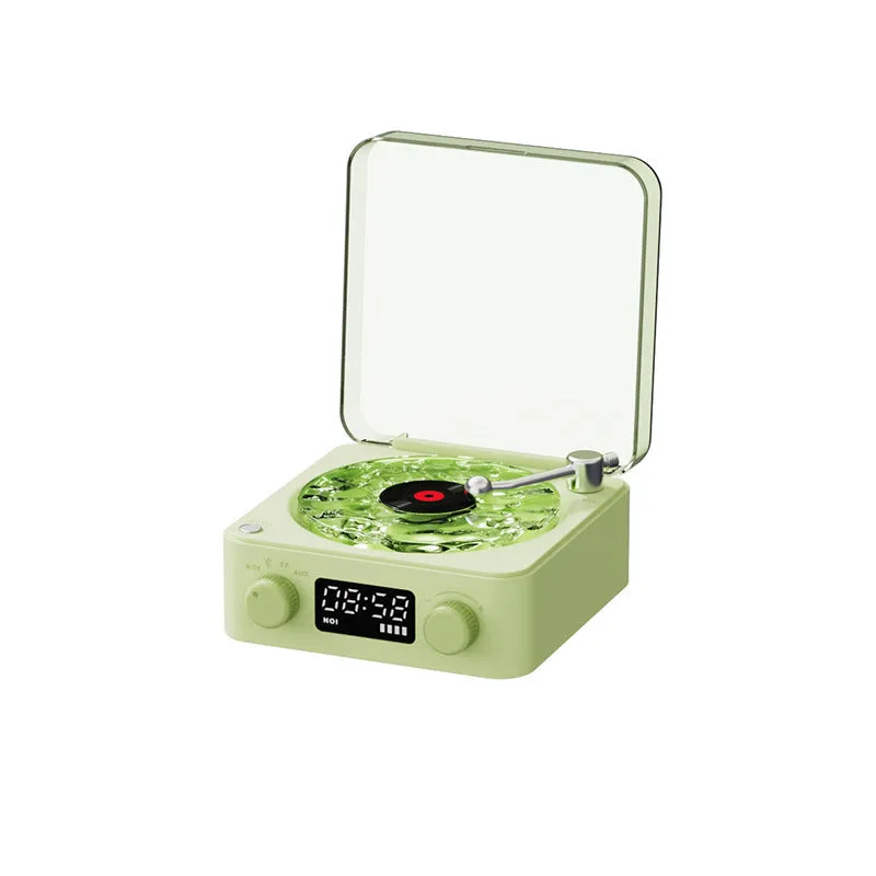 Retro turntable Bluetooth speaker with rotating vinyl and RGB projection lighting effects