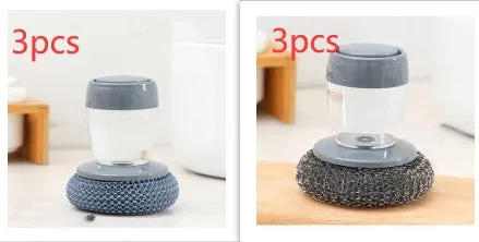 PET kitchen soap dispensing palm brush with push-type mechanism for scrubbing stoves and tiles
