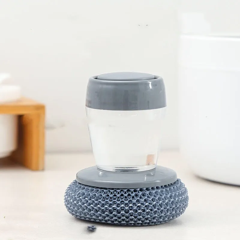PET kitchen soap dispensing palm brush with push-type mechanism for scrubbing stoves and tiles