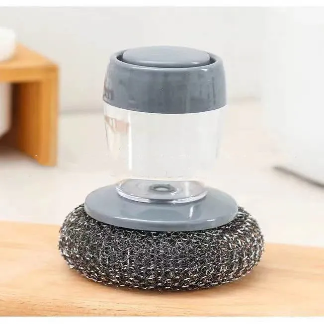 PET kitchen soap dispensing palm brush with push-type mechanism for scrubbing stoves and tiles