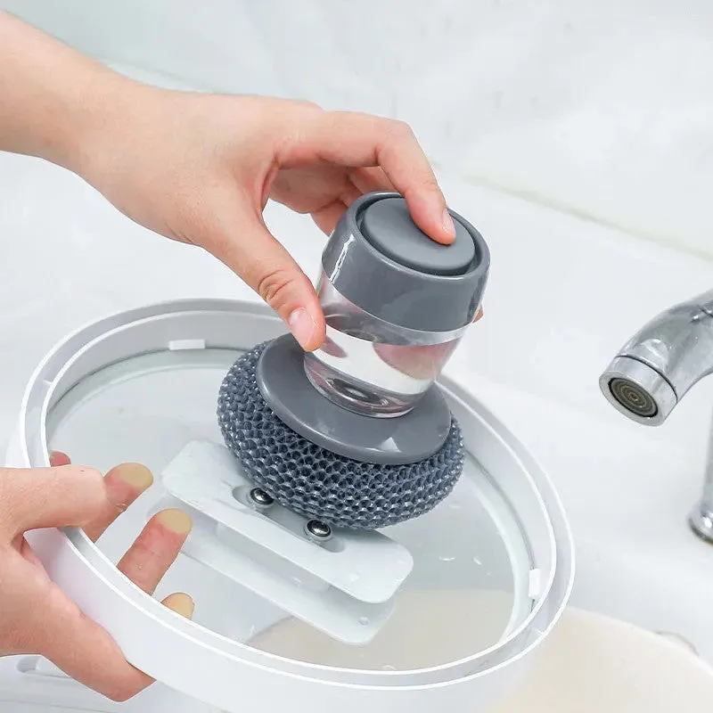 PET kitchen soap dispensing palm brush with push-type mechanism for scrubbing stoves and tiles