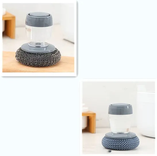 PET kitchen soap dispensing palm brush with push-type mechanism for scrubbing stoves and tiles