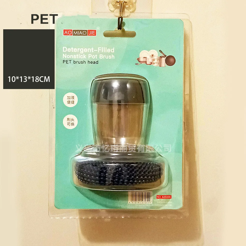 PET kitchen soap dispensing palm brush with push-type mechanism for scrubbing stoves and tiles