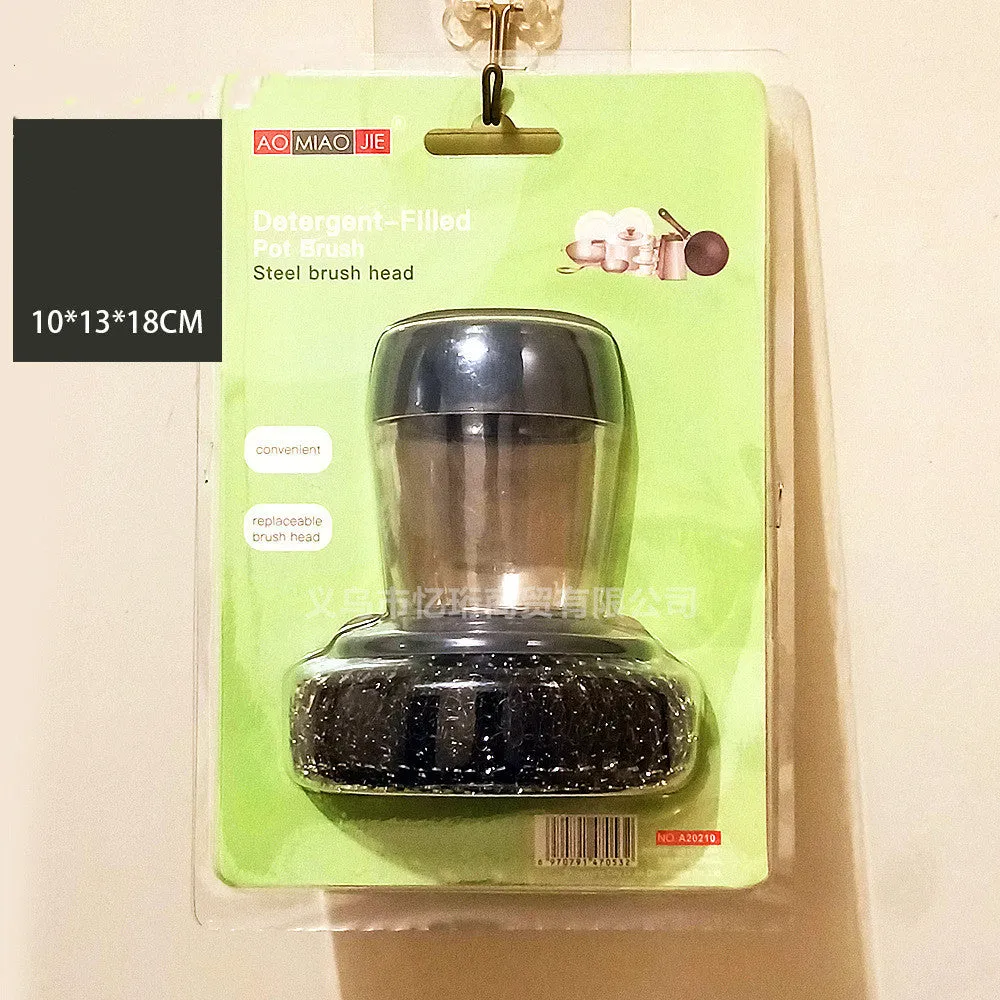 PET kitchen soap dispensing palm brush with push-type mechanism for scrubbing stoves and tiles