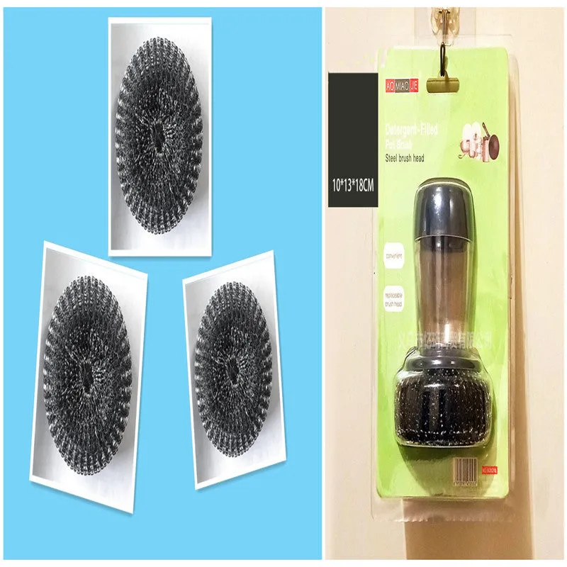 PET kitchen soap dispensing palm brush with push-type mechanism for scrubbing stoves and tiles