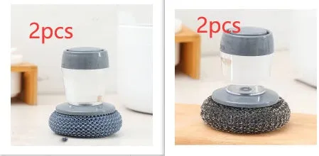 PET kitchen soap dispensing palm brush with push-type mechanism for scrubbing stoves and tiles