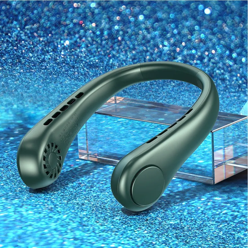 White bladeless neck fan hanging around neck showing decentralised air outlet and modern snake shape design