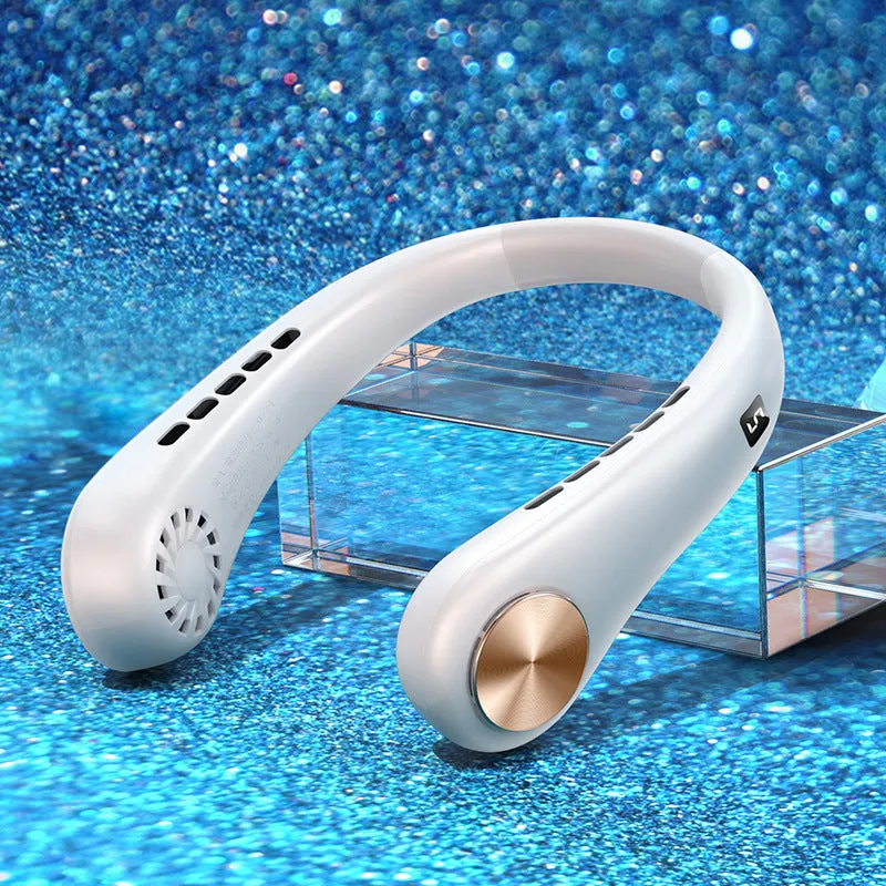 White bladeless neck fan hanging around neck showing decentralised air outlet and modern snake shape design