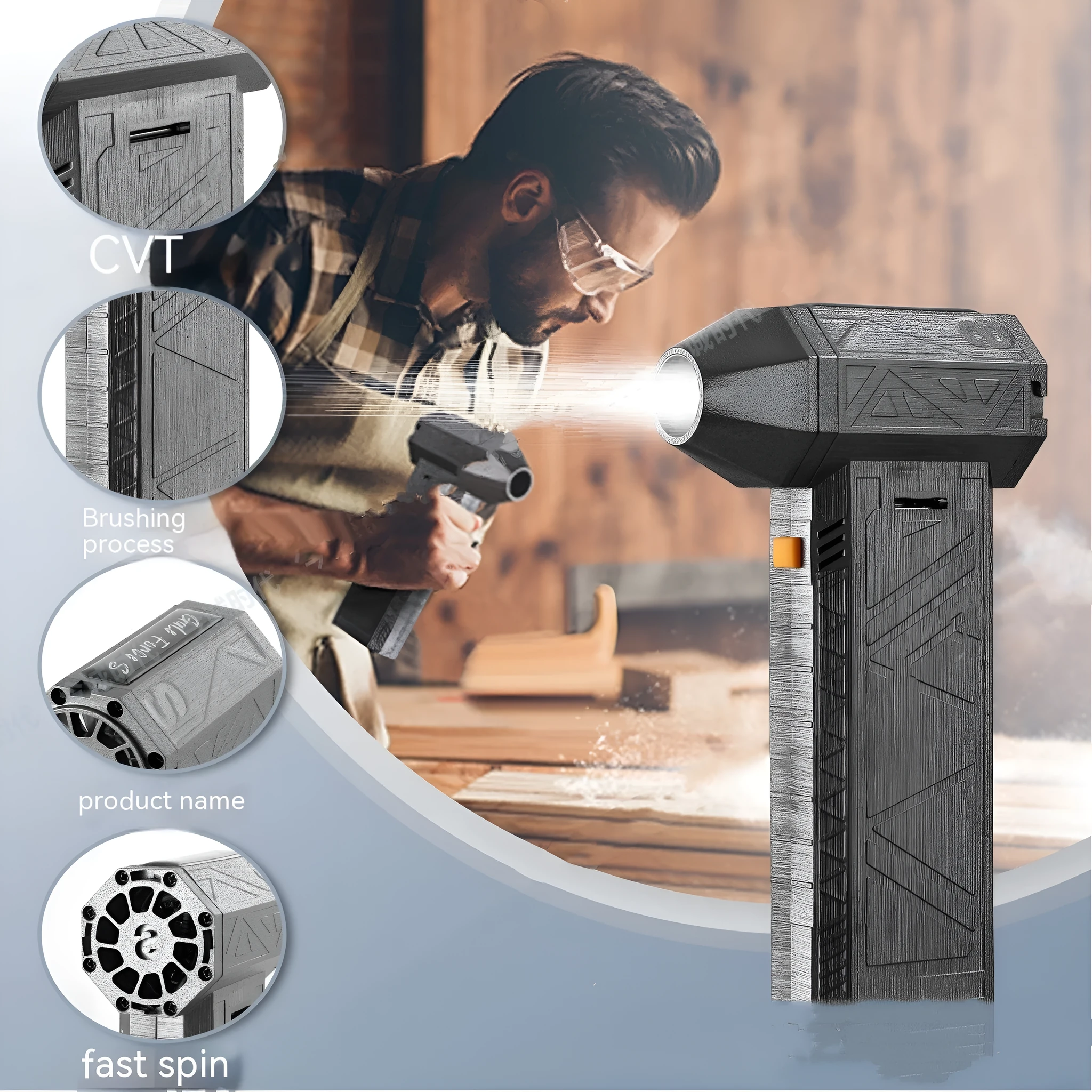 Iron grey cordless turbo fan air duster with brushless motor, shown in handheld use.