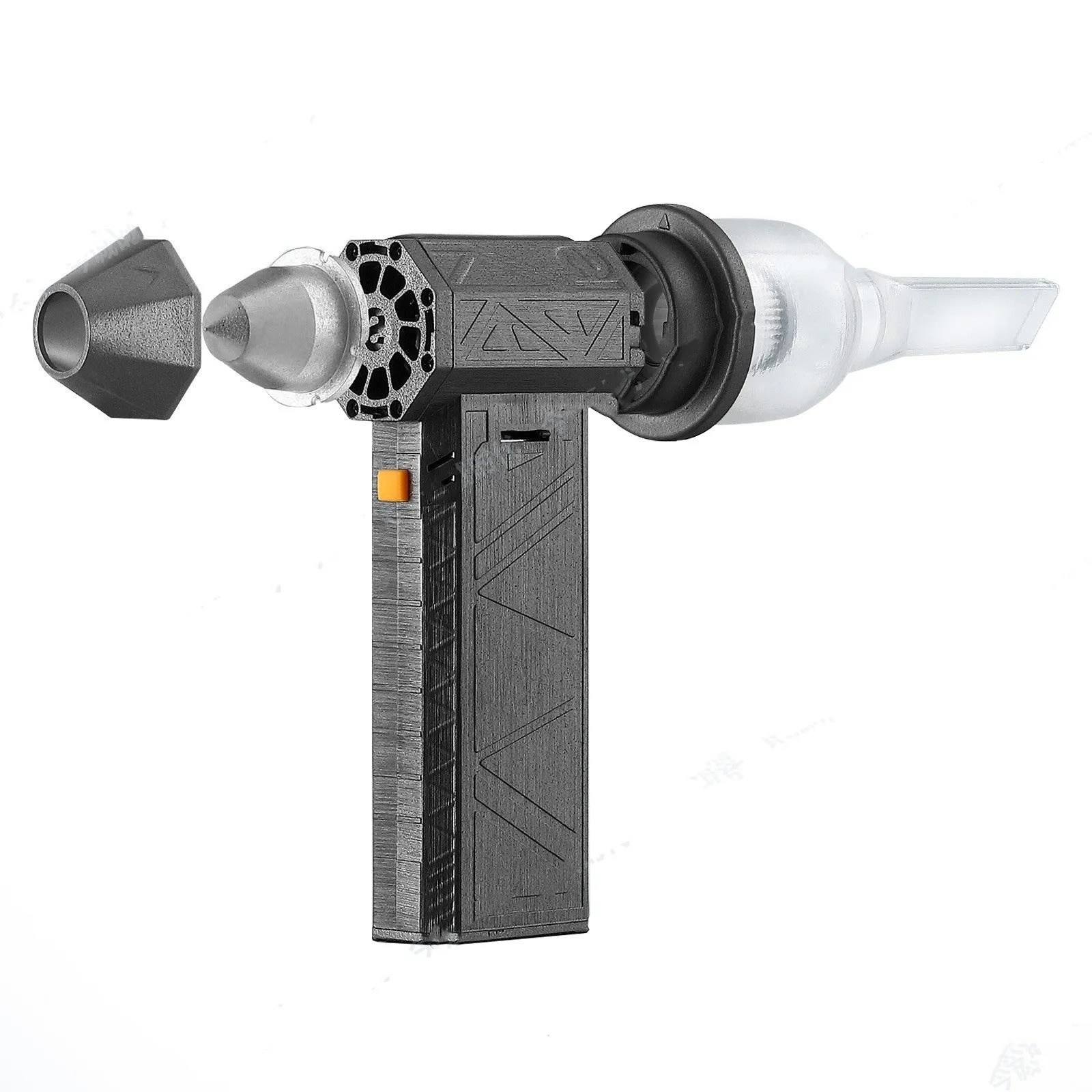 Iron grey cordless turbo fan air duster with brushless motor, shown in handheld use.