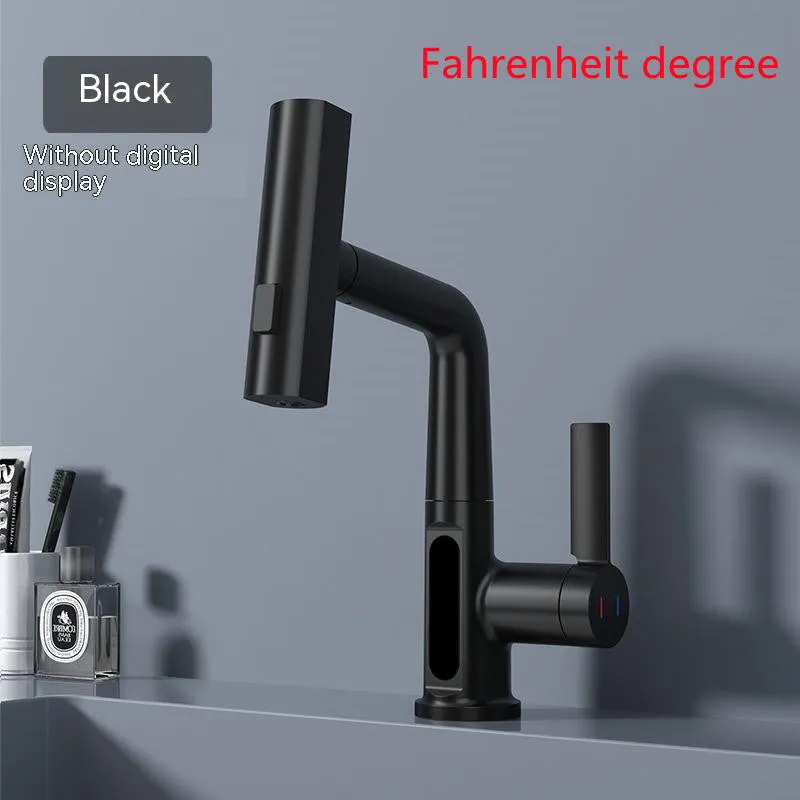 Pull-out kitchen faucet with LED temperature display showing water temperature