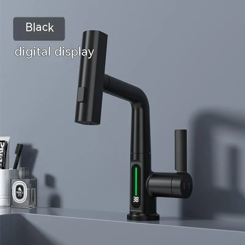 Pull-out kitchen faucet with LED temperature display showing water temperature