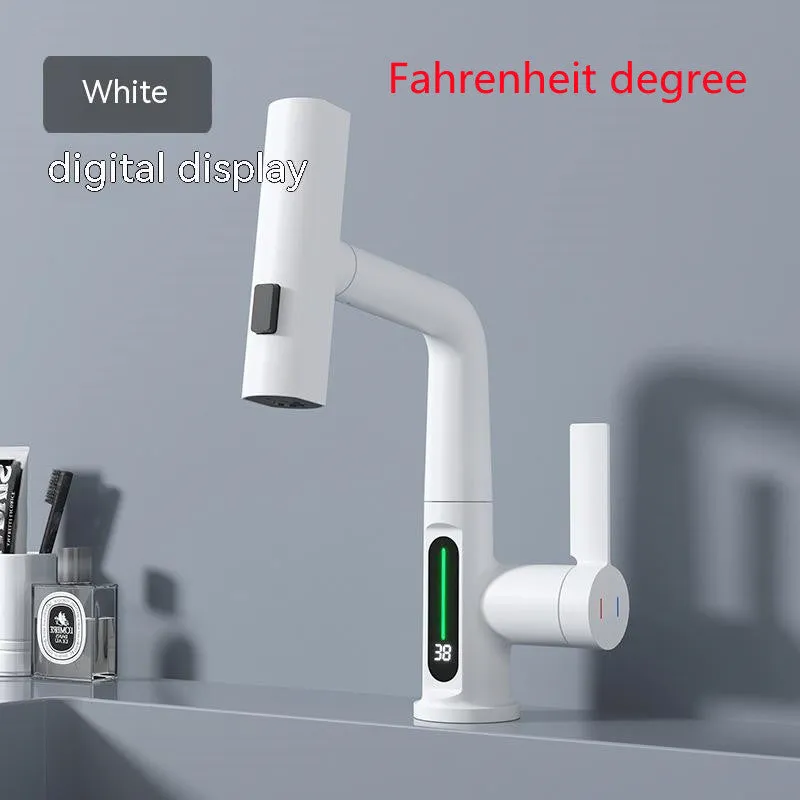 Pull-out kitchen faucet with LED temperature display showing water temperature