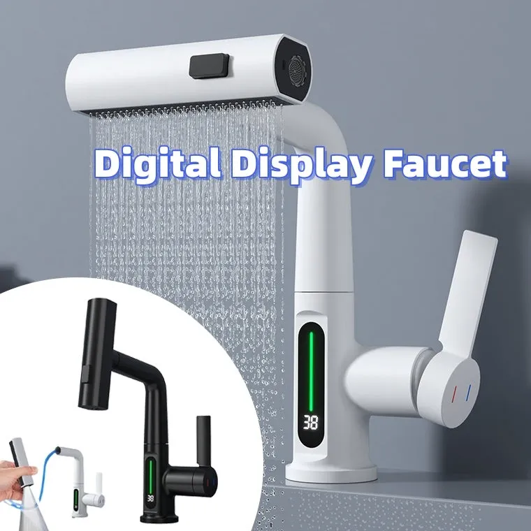 Pull-out kitchen faucet with LED temperature display showing water temperature