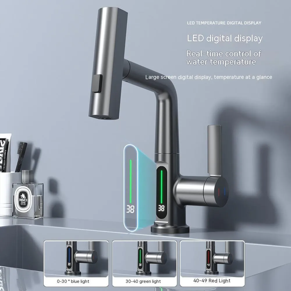 Pull-out kitchen faucet with LED temperature display showing water temperature