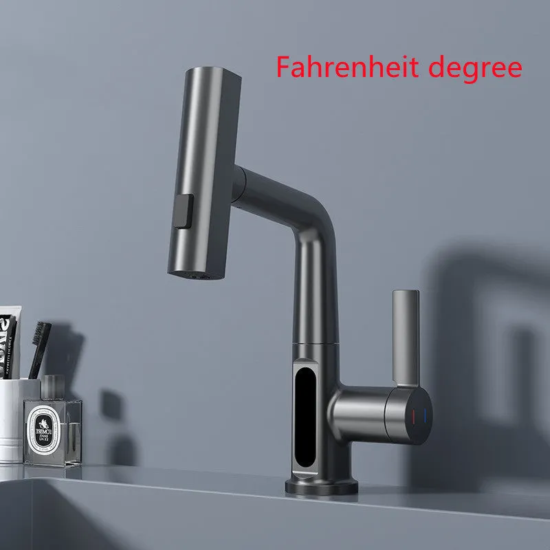 Pull-out kitchen faucet with LED temperature display showing water temperature