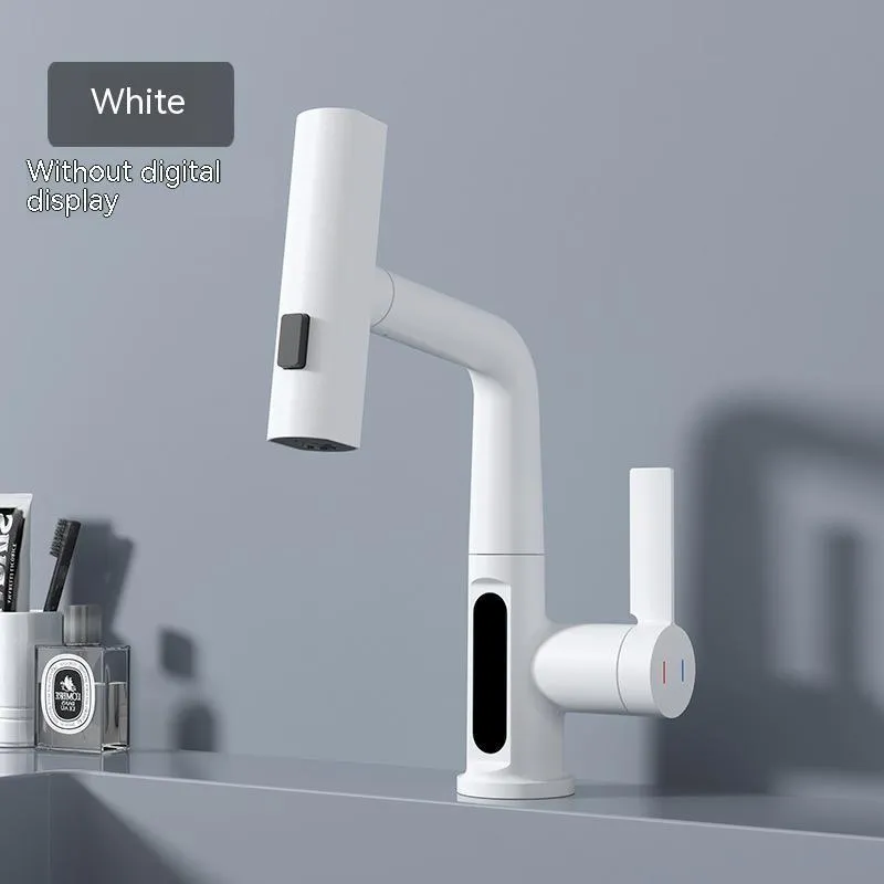 Pull-out kitchen faucet with LED temperature display showing water temperature
