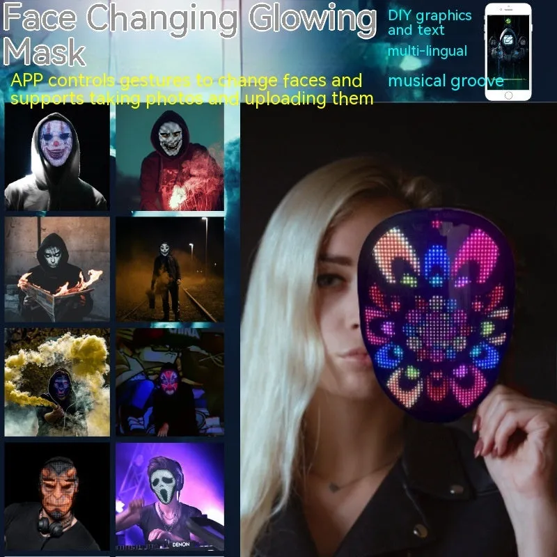 LED luminous face mask with changing displays for Halloween and party events