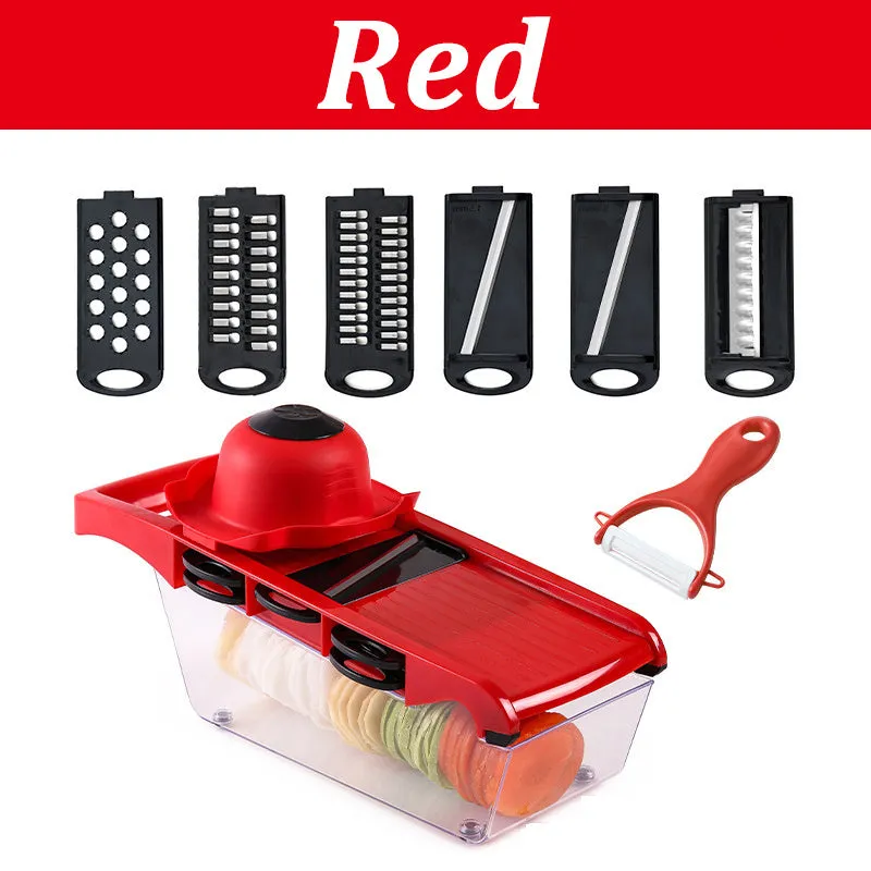 Manual vegetable cutter with multiple stainless steel blades on a wheat straw plastic body, shown in blue.