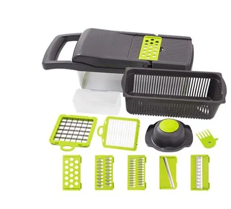 Manual vegetable cutter with multiple stainless steel blades on a wheat straw plastic body, shown in blue.