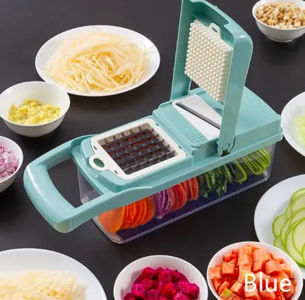 Manual vegetable cutter with multiple stainless steel blades on a wheat straw plastic body, shown in blue.