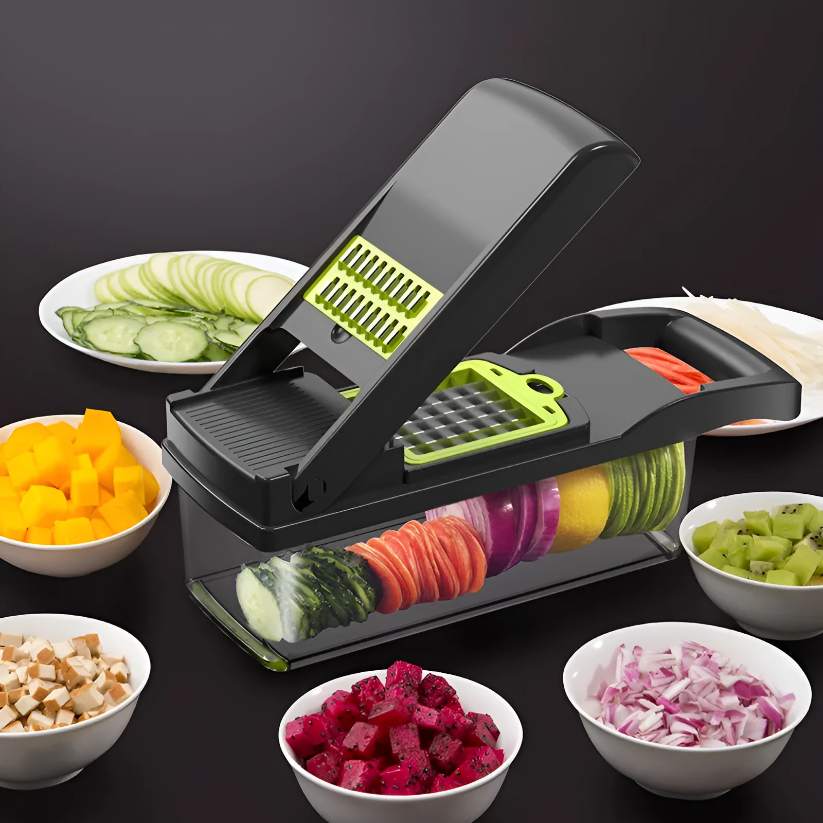 Manual vegetable cutter with multiple stainless steel blades on a wheat straw plastic body, shown in blue.
