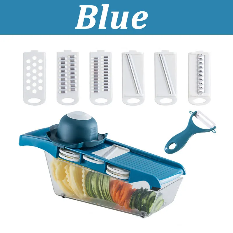 Manual vegetable cutter with multiple stainless steel blades on a wheat straw plastic body, shown in blue.