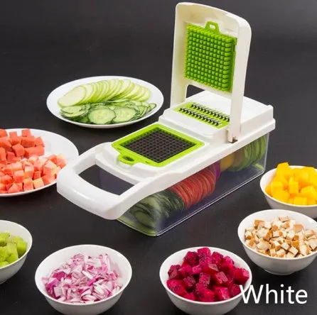 Manual vegetable cutter with multiple stainless steel blades on a wheat straw plastic body, shown in blue.