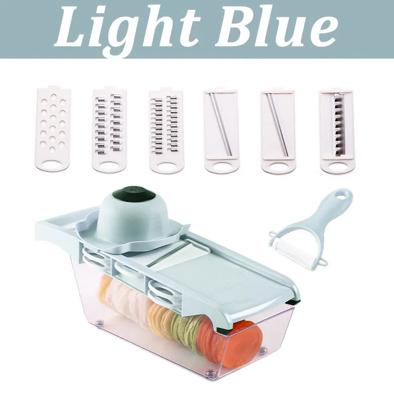 Manual vegetable cutter with multiple stainless steel blades on a wheat straw plastic body, shown in blue.