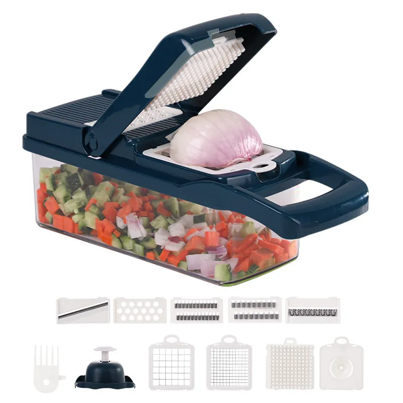 Manual vegetable cutter with multiple stainless steel blades on a wheat straw plastic body, shown in blue.