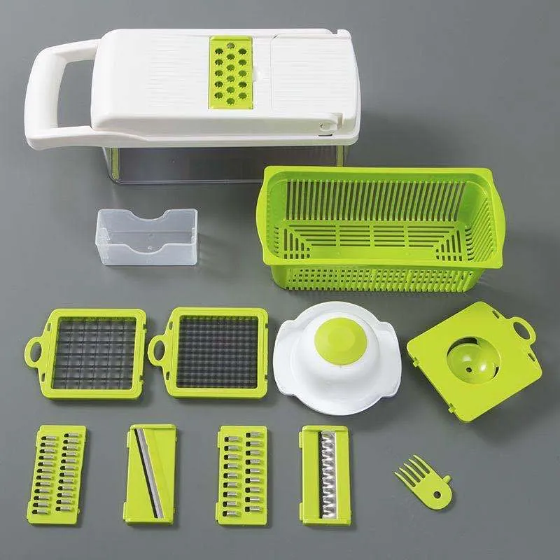 Manual vegetable cutter with multiple stainless steel blades on a wheat straw plastic body, shown in blue.