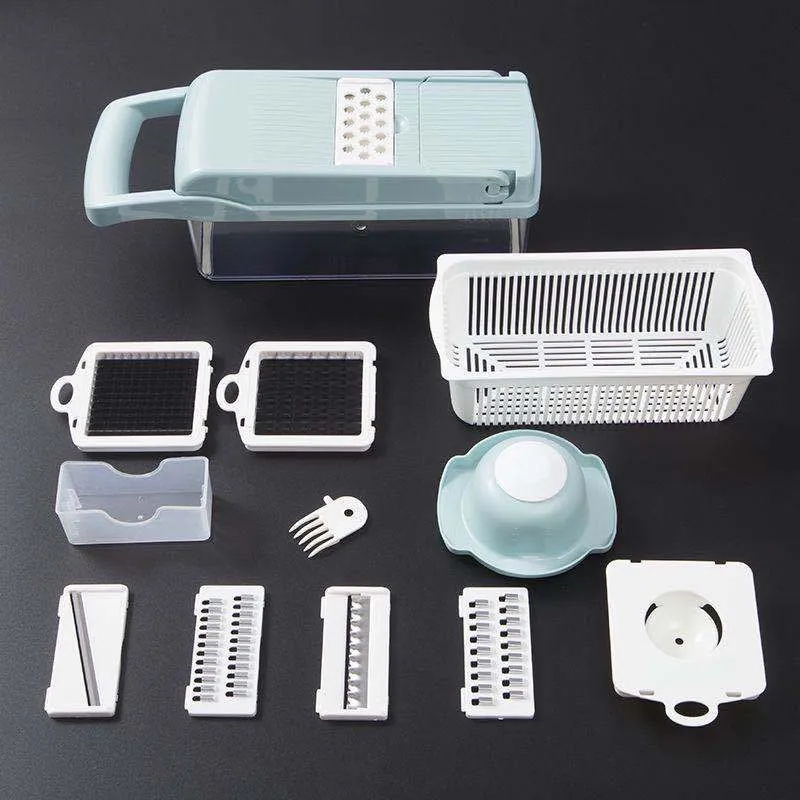 Manual vegetable cutter with multiple stainless steel blades on a wheat straw plastic body, shown in blue.