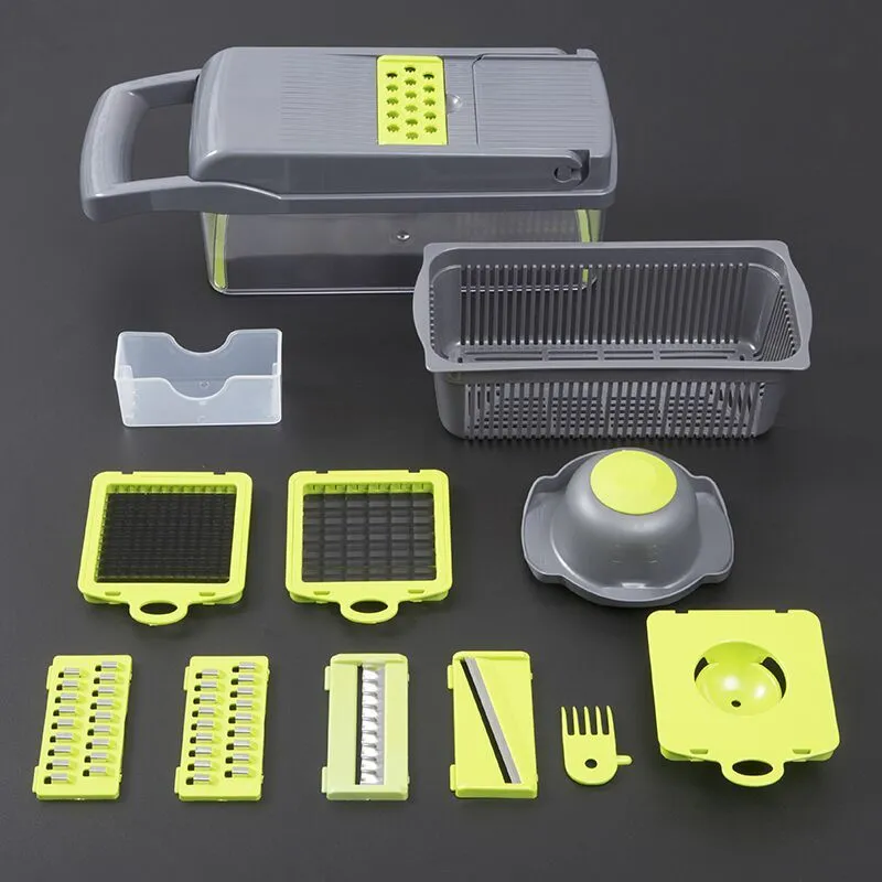 Manual vegetable cutter with multiple stainless steel blades on a wheat straw plastic body, shown in blue.