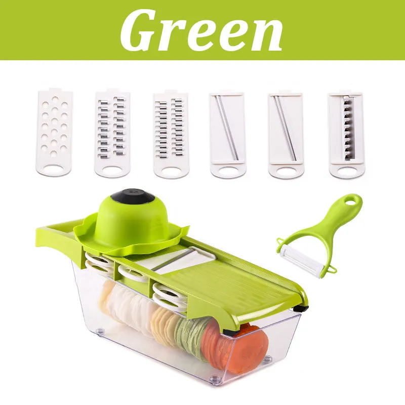Manual vegetable cutter with multiple stainless steel blades on a wheat straw plastic body, shown in blue.