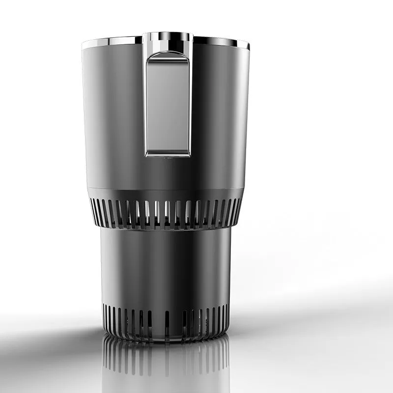Black car cup holder with digital temperature display showing heating and cooling functions for 12V vehicle use