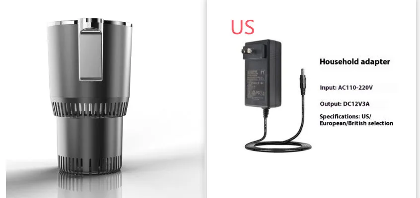 Black car cup holder with digital temperature display showing heating and cooling functions for 12V vehicle use