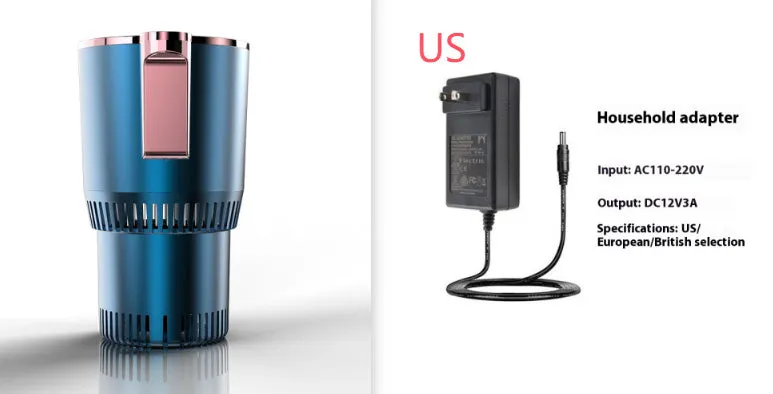 Black car cup holder with digital temperature display showing heating and cooling functions for 12V vehicle use